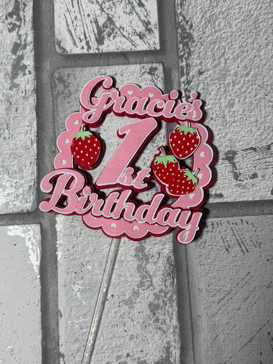 Strawberry First Birthday Cake Topper | Berry First Birthday Decor | Personalized Name & Age Cake Topper | Strawberry Theme Birthday Party