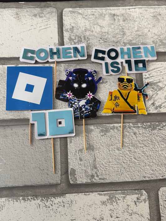 Handmade Roblox character cupcake toppers for a birthday party