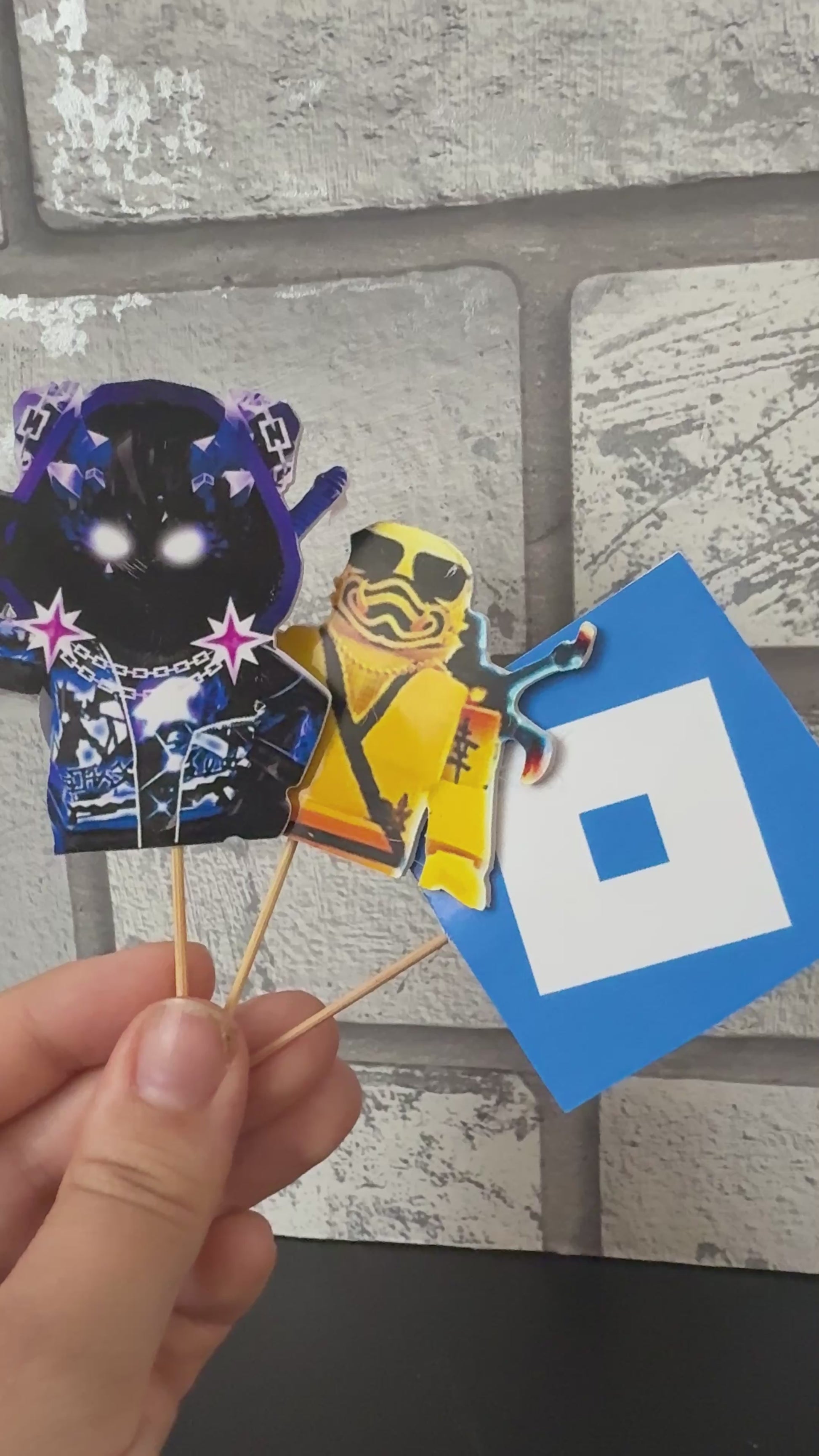 Handmade Roblox character cupcake toppers for a birthday party